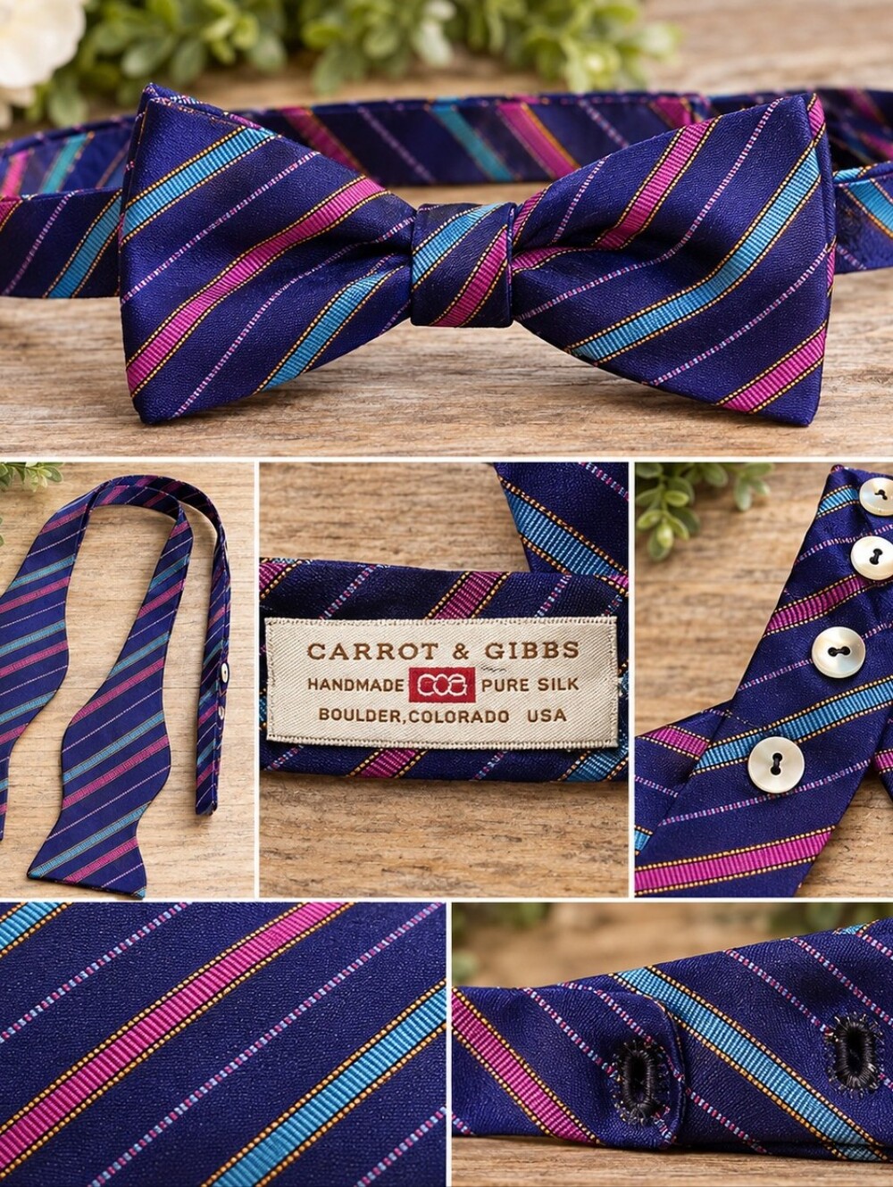 Carrot & Gibbs Pure Silk Navy Purple Striped Bow Tie USA